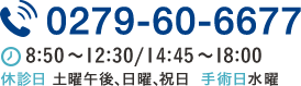 Tel:0279-60-6677　8:50～12:30/14:45～18:00　休診日 土曜午後、日曜、祝日   手術日水曜