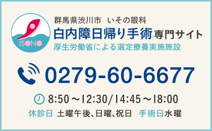 群馬県渋川市 いその眼科 白内障日帰り手術専門サイト　Tel:0279-60-6677　診療時間8:50～12:30/14:45～18:00　休診日 土曜午後、日曜、祝日   手術日水曜